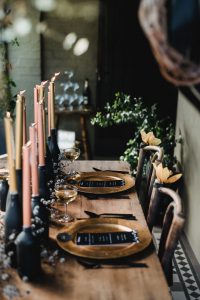 black and gold table setting